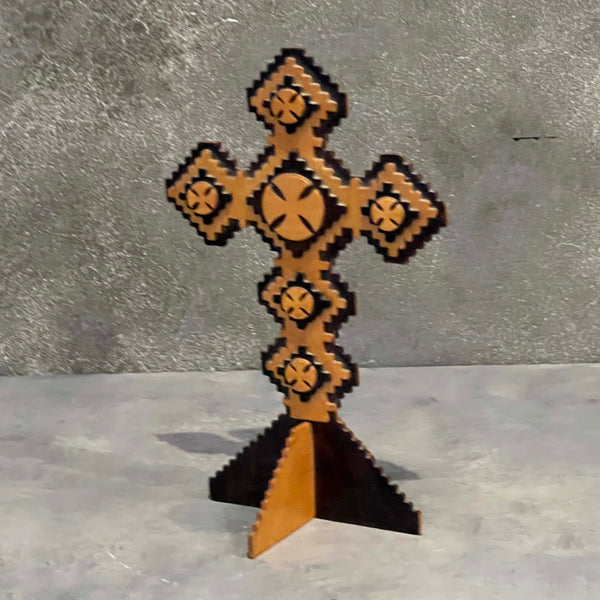 Hand Painted Wooden Coptic Cross w/ Stand