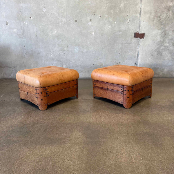 Pair of Leather & Palmwood Ottomans by Pacific Green