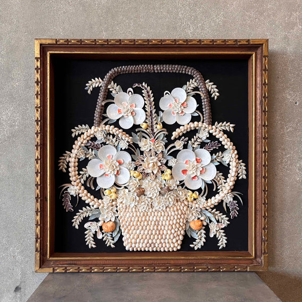 Vintage Shell Art Wall Hanging Framed w/ Floral Display & Basket