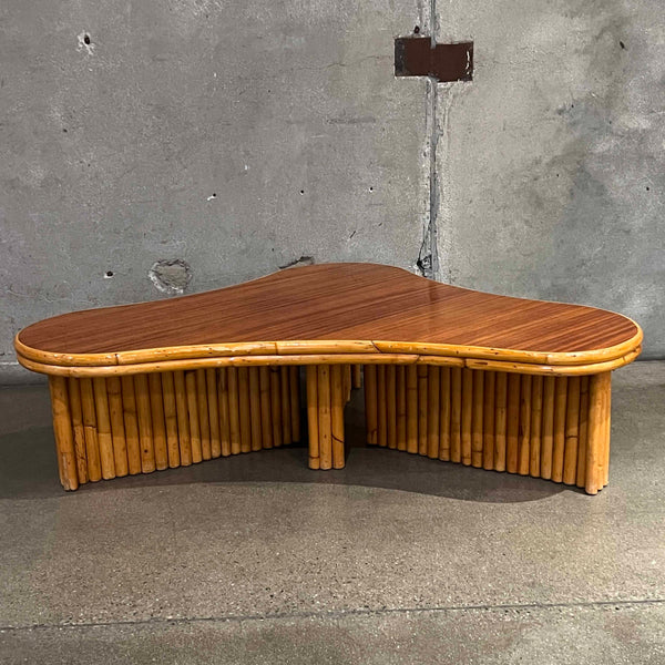Vintage Amoeba Rattan Biomorphic Bamboo Tiki Decor Mahogany Top Coffee Table
