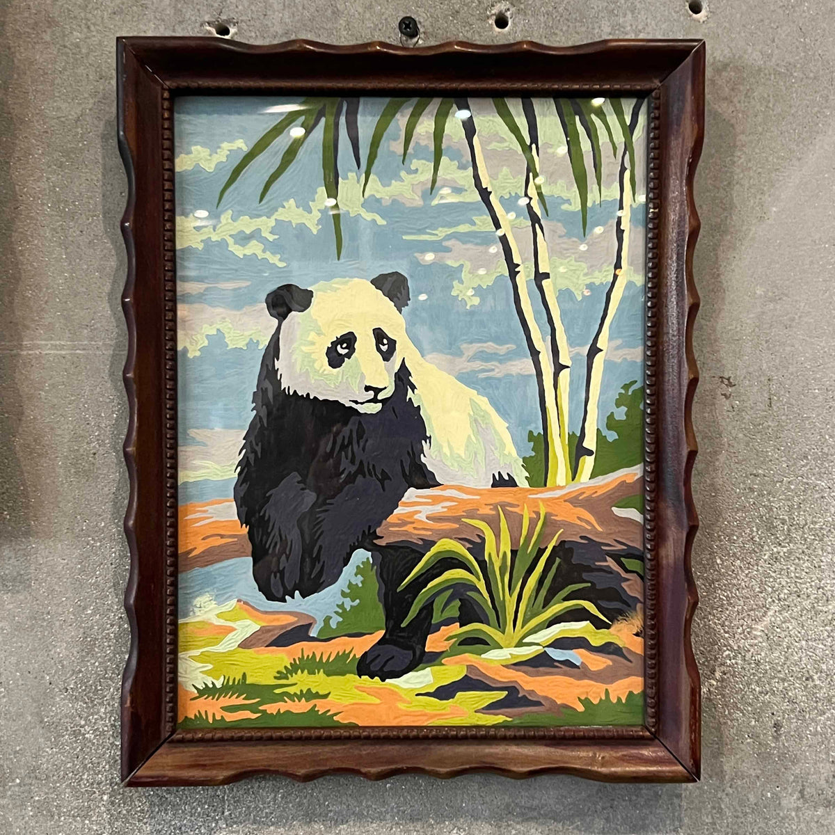 Pair of Vintage Framed Panda Bears w/ Wooden Frame & Glass Pane