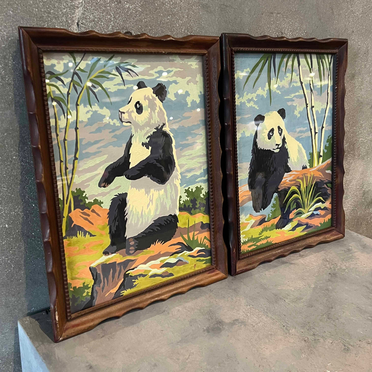 Pair of Vintage Framed Panda Bears w/ Wooden Frame & Glass Pane