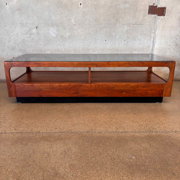 Mid Century Smokey Glass & Walnut Coffee Table by John Keal for Brown Saltman