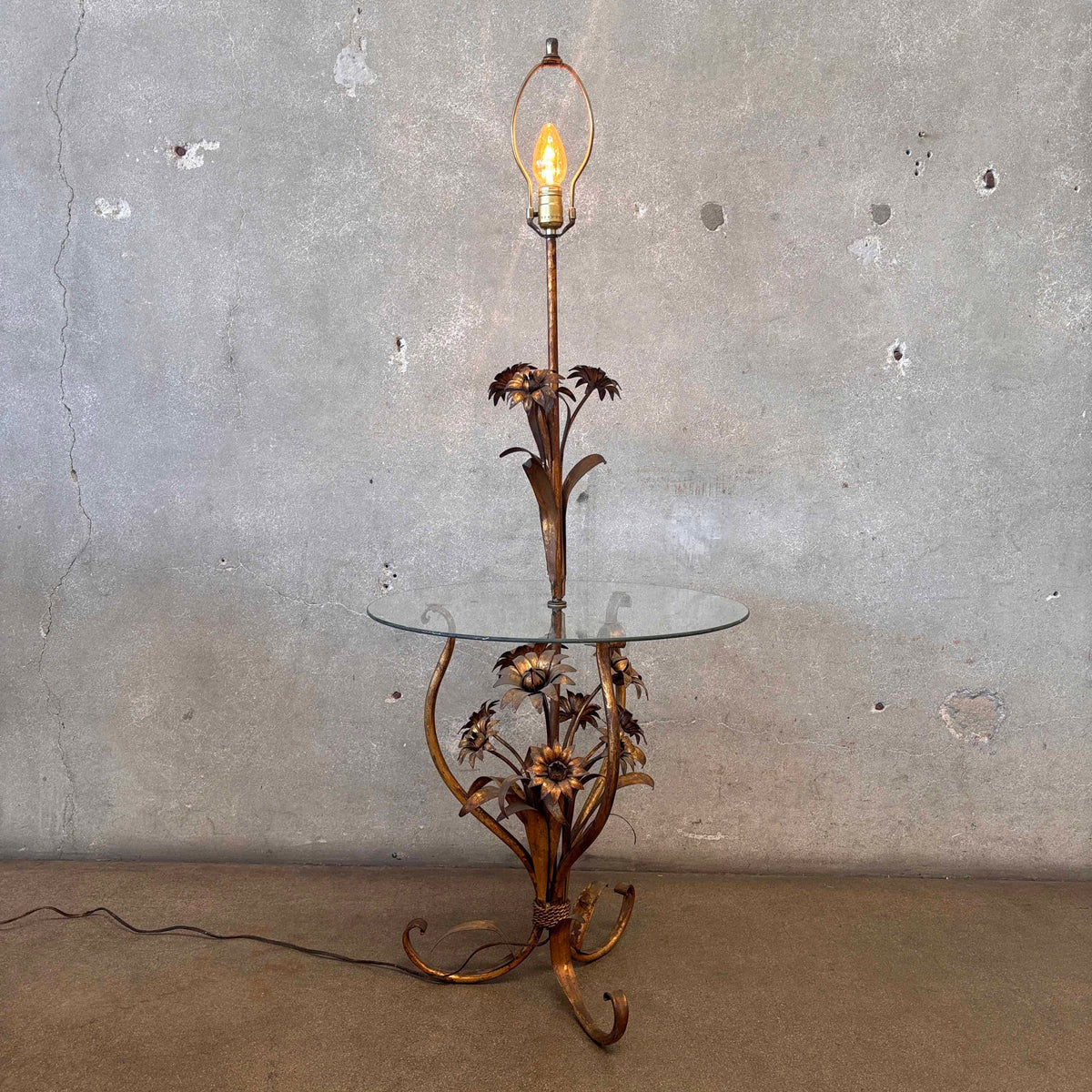 Hollywood Regency Floral Tole Floor Lamp w/ Glass Table - Vintage 1940s