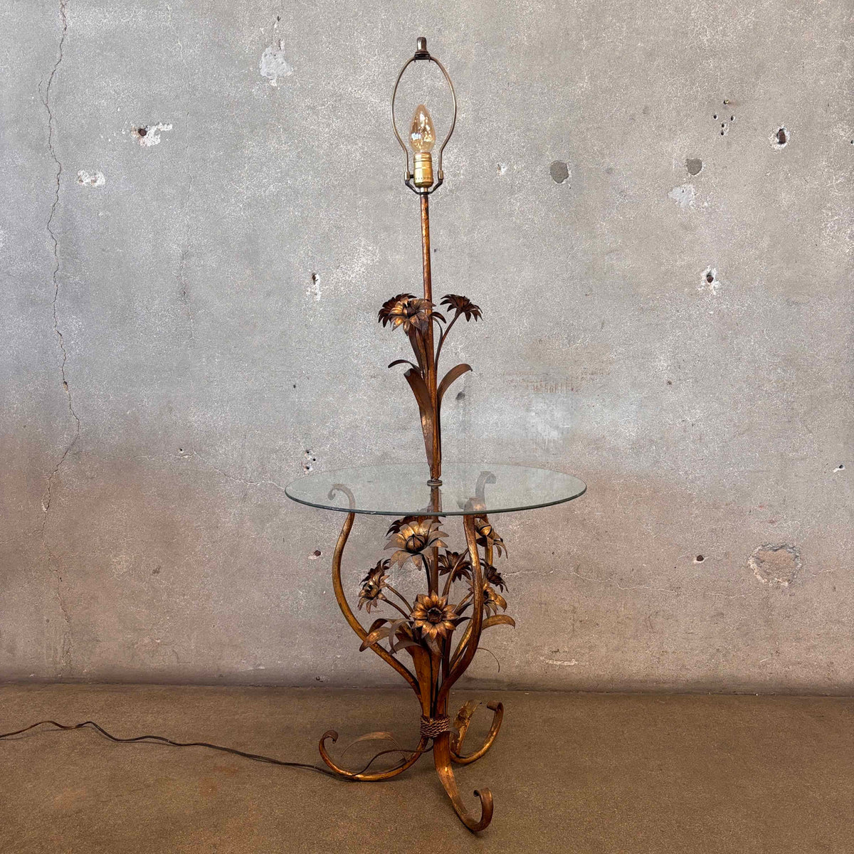 Hollywood Regency Floral Tole Floor Lamp w/ Glass Table - Vintage 1940s