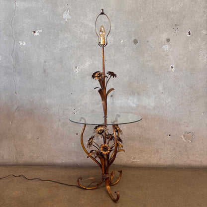 Hollywood Regency Floral Tole Floor Lamp w/ Glass Table - Vintage 1940s