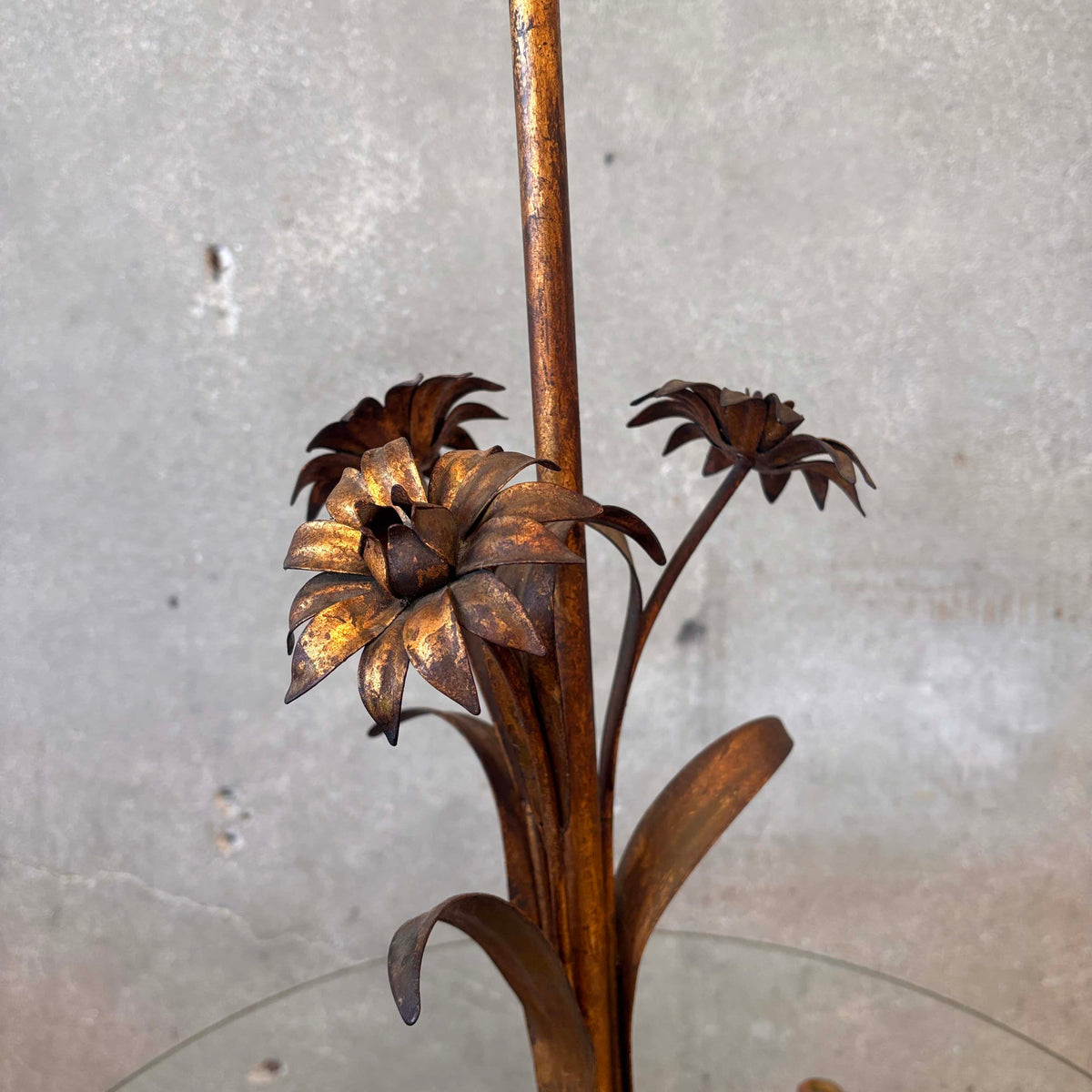 Hollywood Regency Floral Tole Floor Lamp w/ Glass Table - Vintage 1940s