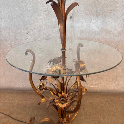 Hollywood Regency Floral Tole Floor Lamp w/ Glass Table - Vintage 1940s