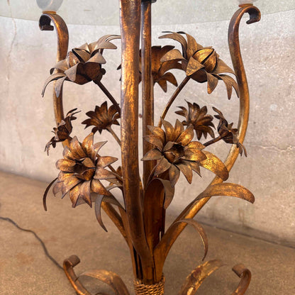 Hollywood Regency Floral Tole Floor Lamp w/ Glass Table - Vintage 1940s