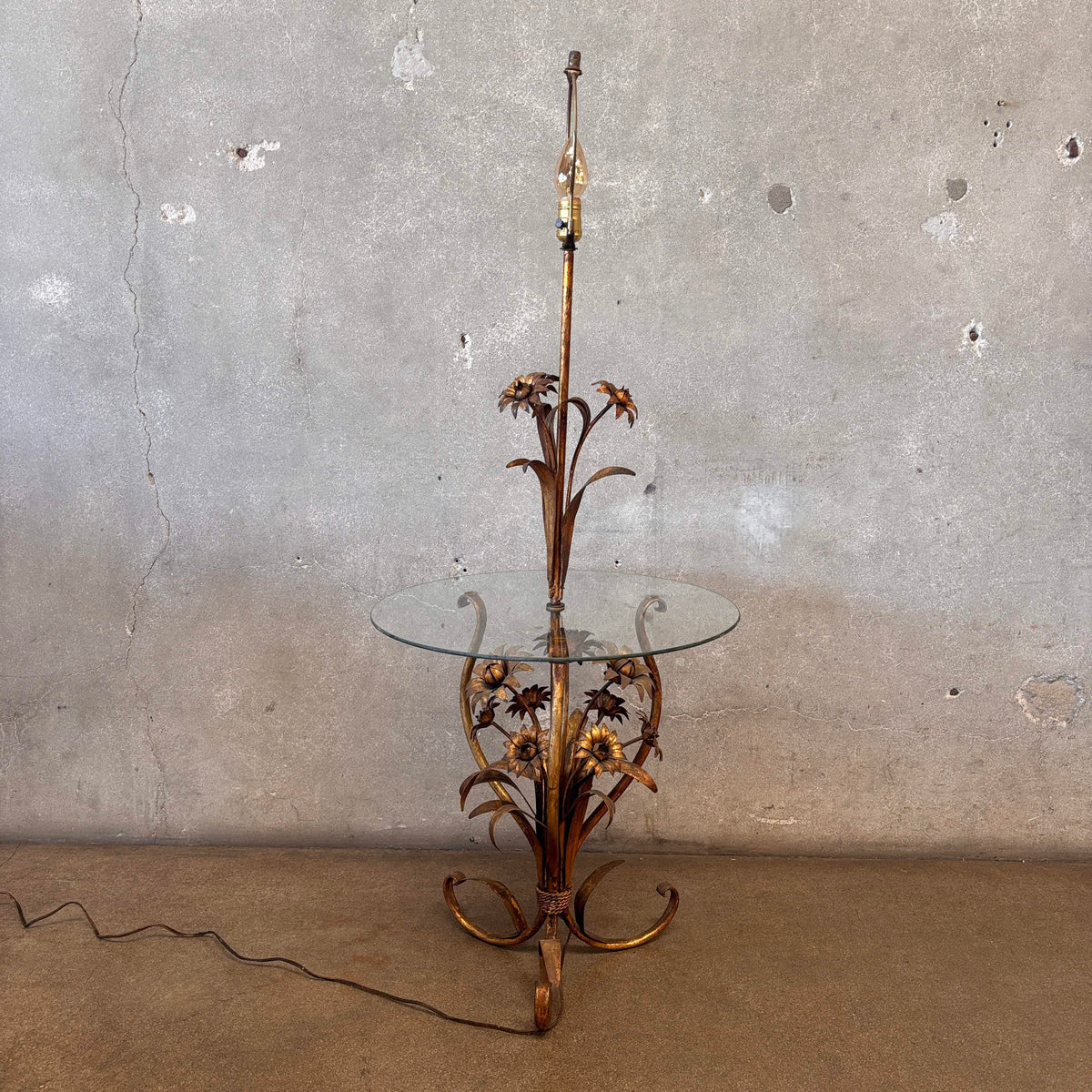 Hollywood Regency Floral Tole Floor Lamp w/ Glass Table - Vintage 1940s