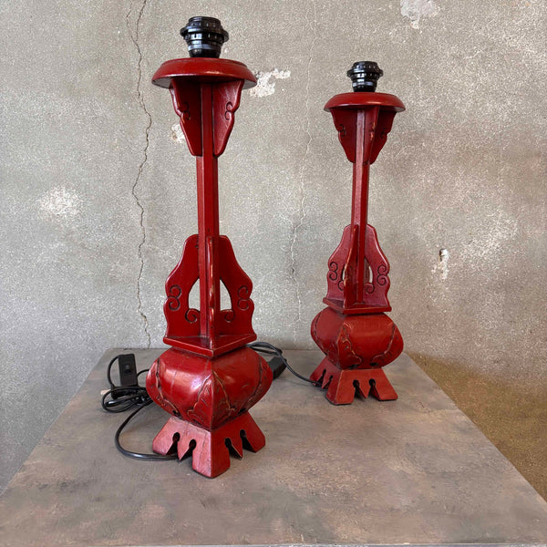 Pair of Antique Red Wood Chinese Electrified Candlestick Lamps