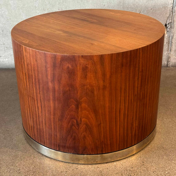 Mid Century Walnut and Brass Drum Side Table