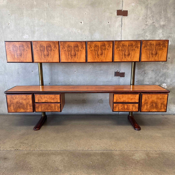Mid Century Brass & Burlwood Wall Unit With Desk