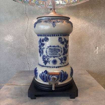 Antique Crock Dispenser Lamp With Tiffany Type Lead Glass Shade