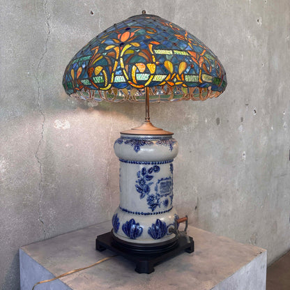 Antique Crock Dispenser Lamp With Tiffany Type Lead Glass Shade
