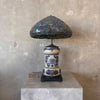 Antique Crock Dispenser Lamp With Tiffany Type Lead Glass Shade