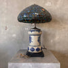 Antique Crock Dispenser Lamp With Tiffany Type Lead Glass Shade