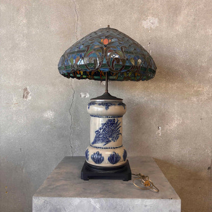 Antique Crock Dispenser Lamp With Tiffany Type Lead Glass Shade