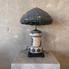 Antique Crock Dispenser Lamp With Tiffany Type Lead Glass Shade
