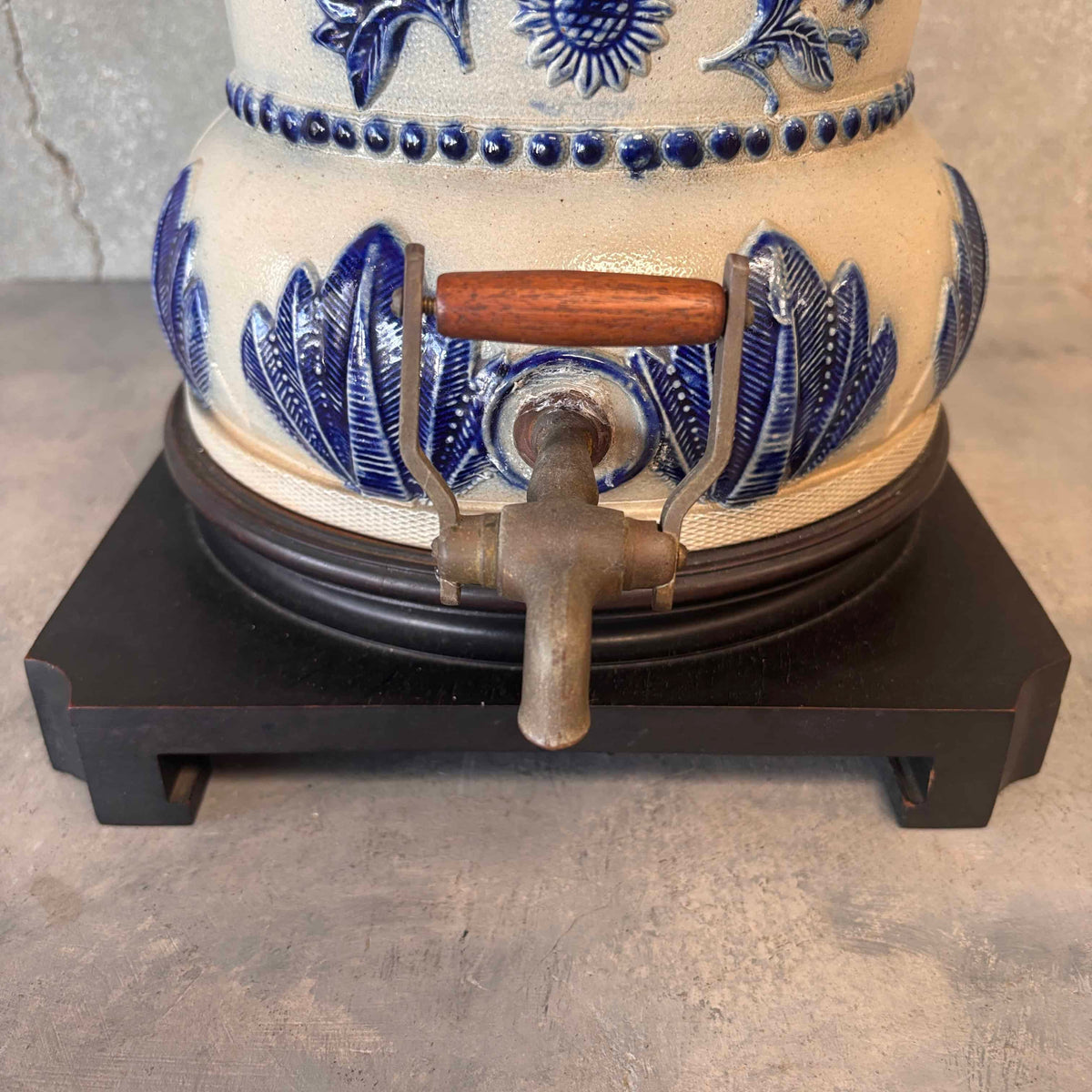 Antique Crock Dispenser Lamp With Tiffany Type Lead Glass Shade
