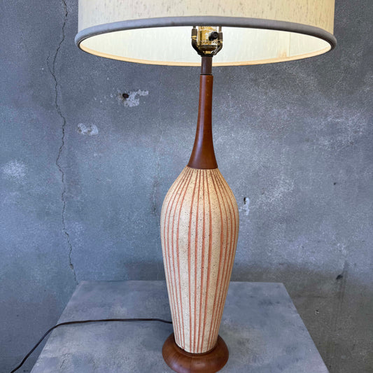 Mid Century Modern 1970s Table Lamp Pottery & Wood w/ Shade
