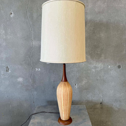 Mid Century Modern 1970s Table Lamp Pottery & Wood w/ Shade