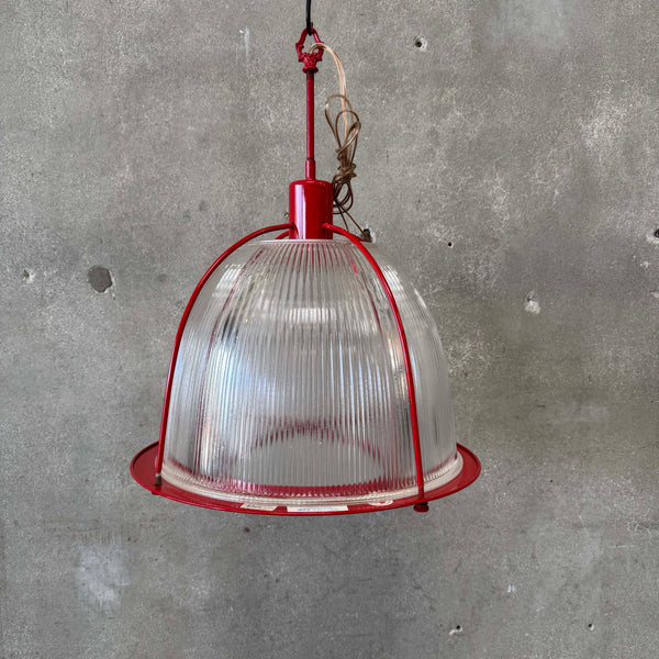 Vintage Ribbed Holophane Pendant Lamp w/ Red Metal Frame #1 - Made in Canada