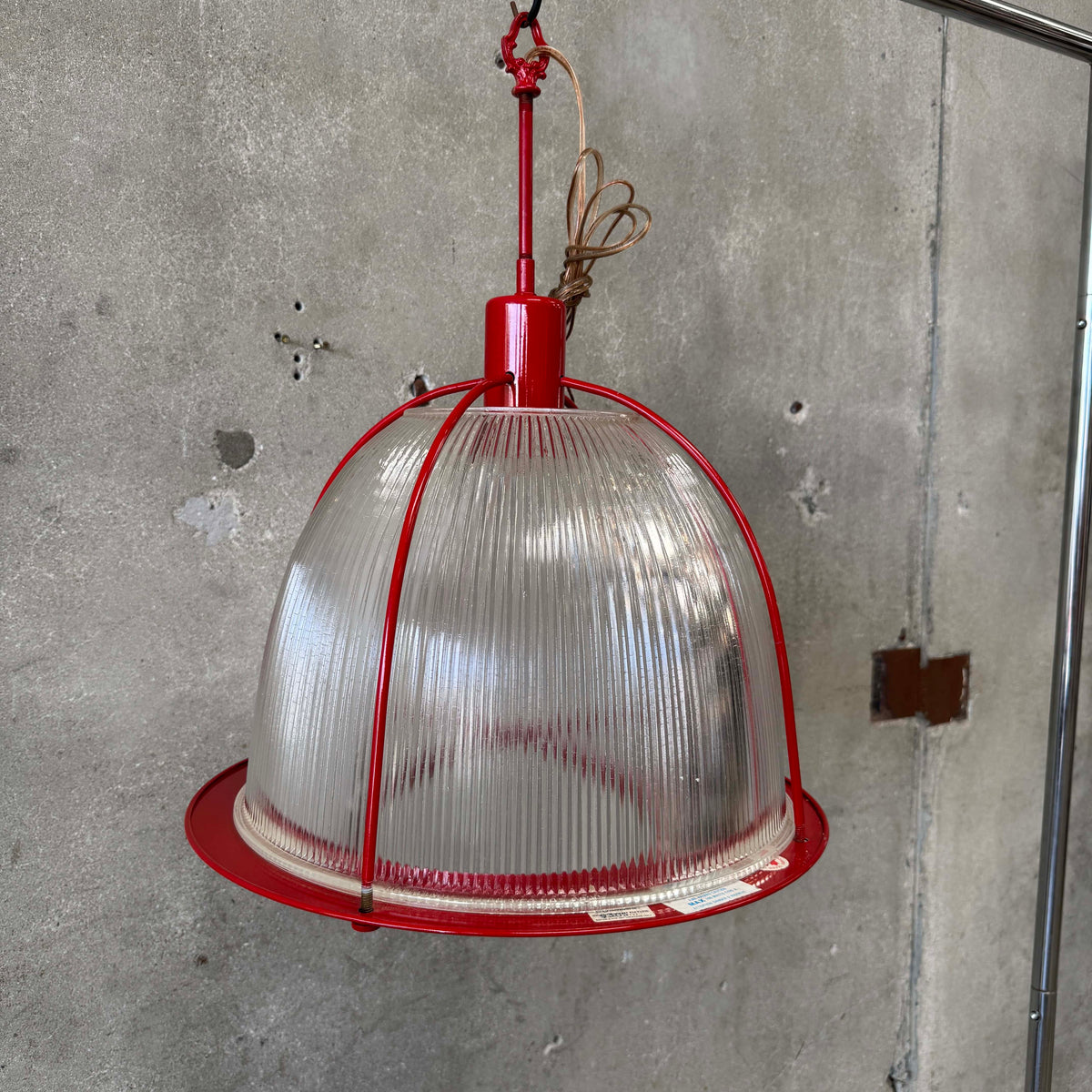 Vintage Ribbed Holophane Pendant Lamp w/ Red Metal Frame #1 - Made in Canada