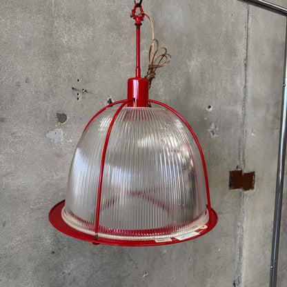 Vintage Ribbed Holophane Pendant Lamp w/ Red Metal Frame #1 - Made in Canada