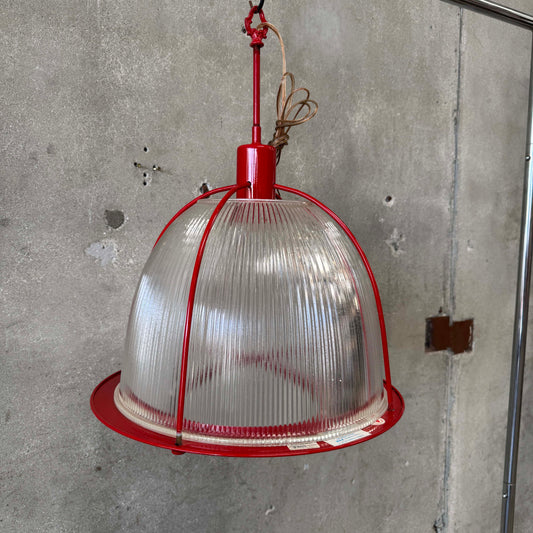 Vintage Ribbed Holophane Pendant Lamp w/ Red Metal Frame #1 - Made in Canada