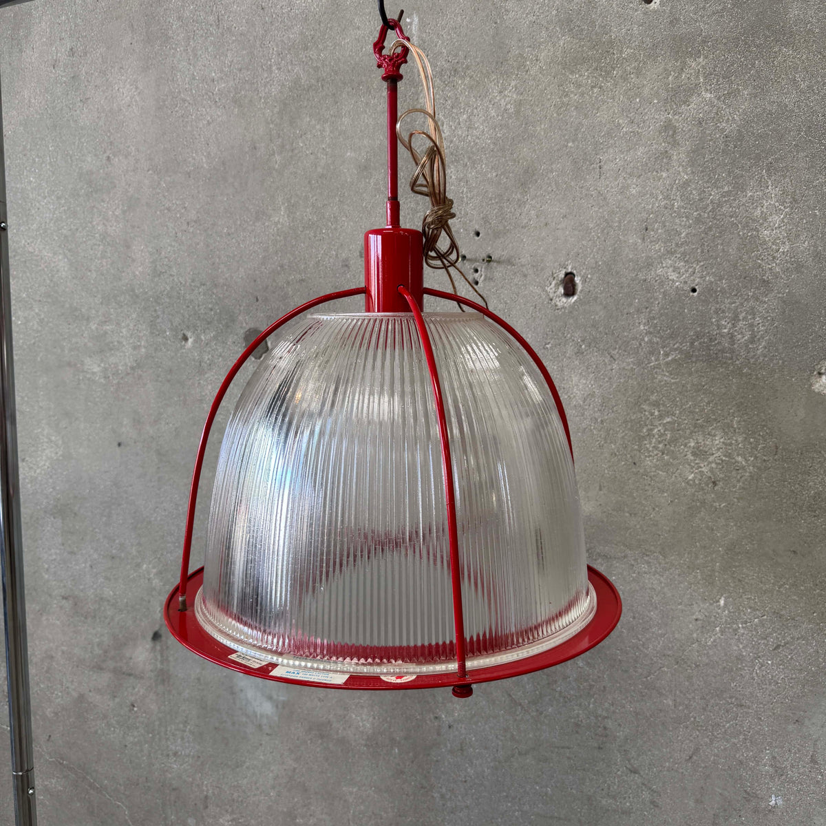 Vintage Ribbed Holophane Pendant Lamp w/ Red Metal Frame #1 - Made in Canada