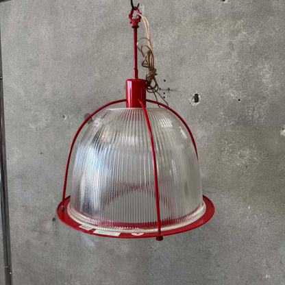 Vintage Ribbed Holophane Pendant Lamp w/ Red Metal Frame #1 - Made in Canada