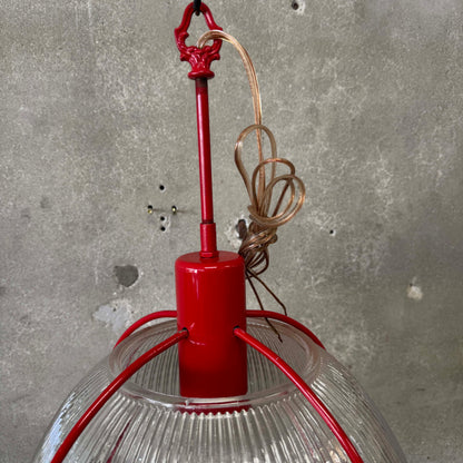 Vintage Ribbed Holophane Pendant Lamp w/ Red Metal Frame #1 - Made in Canada