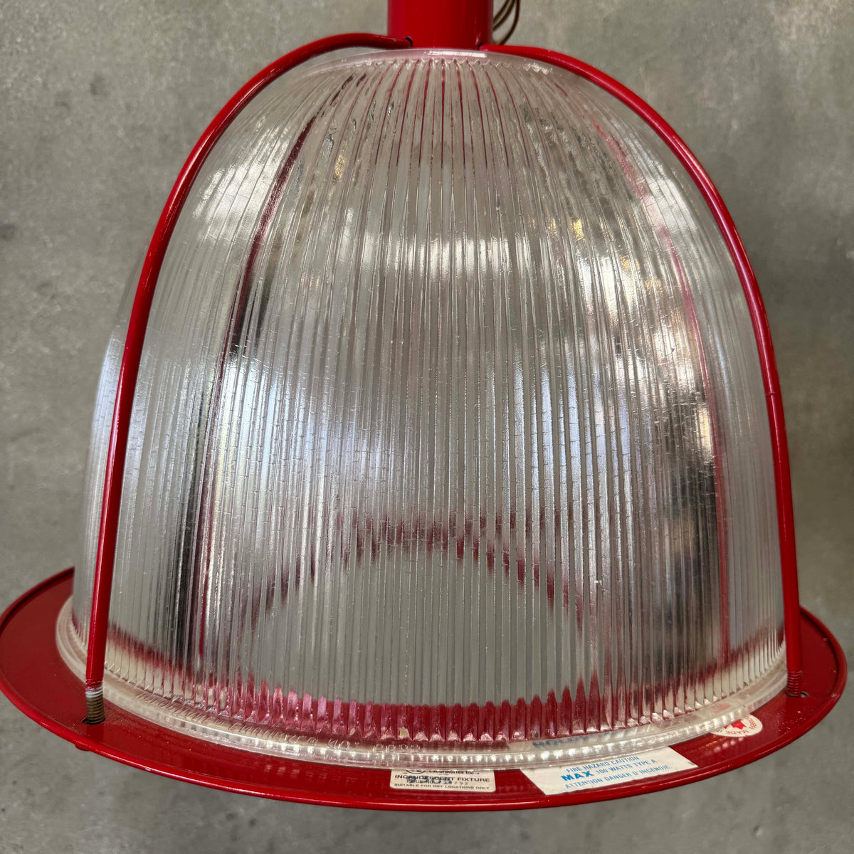 Vintage Ribbed Holophane Pendant Lamp w/ Red Metal Frame #1 - Made in Canada