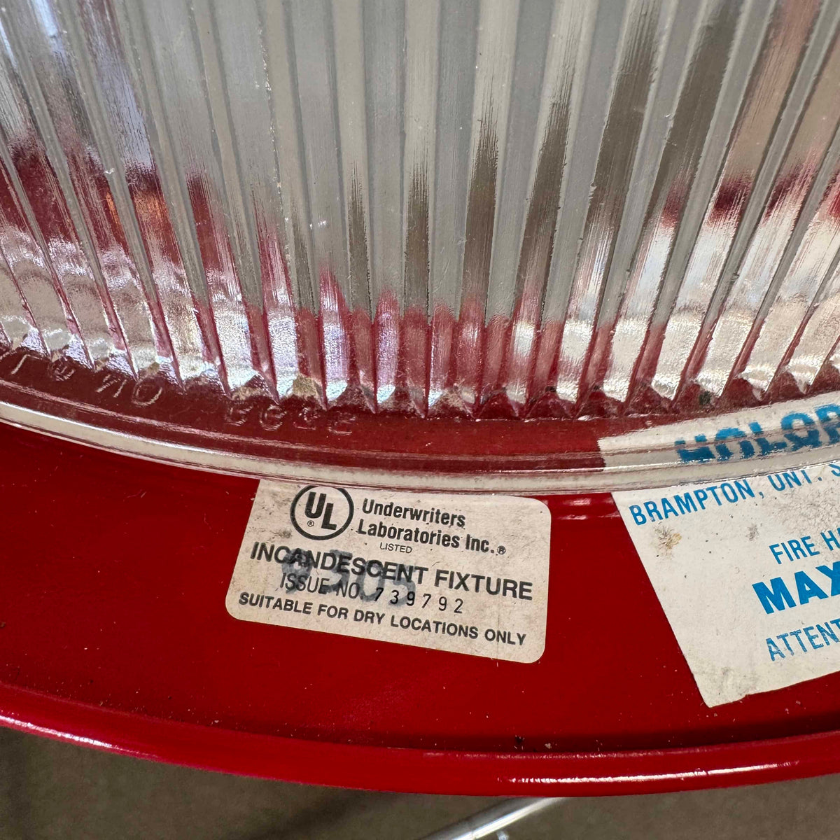 Vintage Ribbed Holophane Pendant Lamp w/ Red Metal Frame #1 - Made in Canada