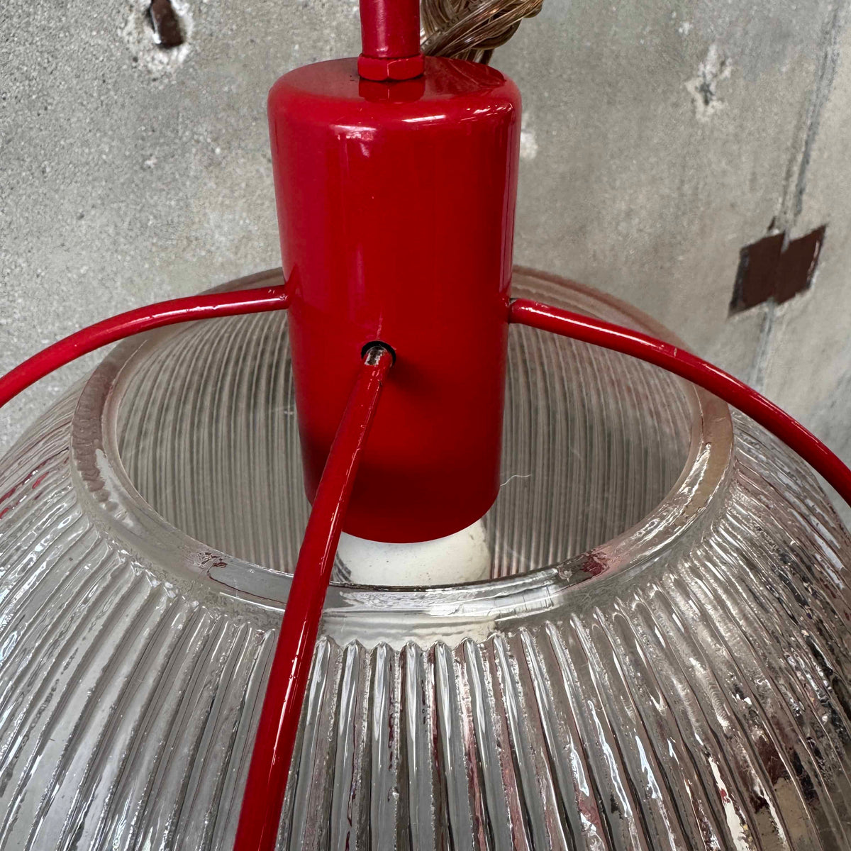 Vintage Ribbed Holophane Pendant Lamp w/ Red Metal Frame #1 - Made in Canada
