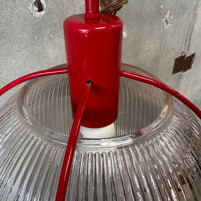 Vintage Ribbed Holophane Pendant Lamp w/ Red Metal Frame #1 - Made in Canada
