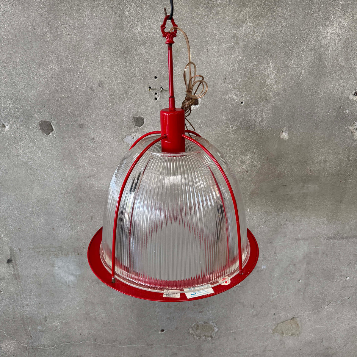 Vintage Ribbed Holophane Pendant Lamp w/ Red Metal Frame #1 - Made in Canada
