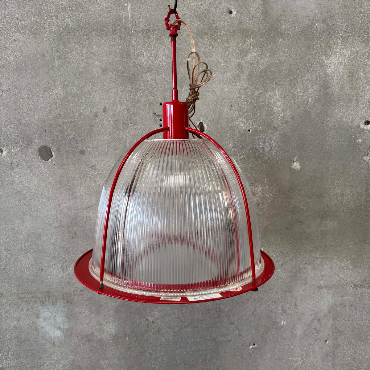 Vintage Ribbed Holophane Pendant Lamp w/ Red Metal Frame #2 - Made in Canada
