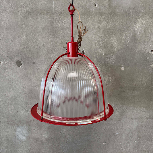 Vintage Ribbed Holophane Pendant Lamp w/ Red Metal Frame #2 - Made in Canada