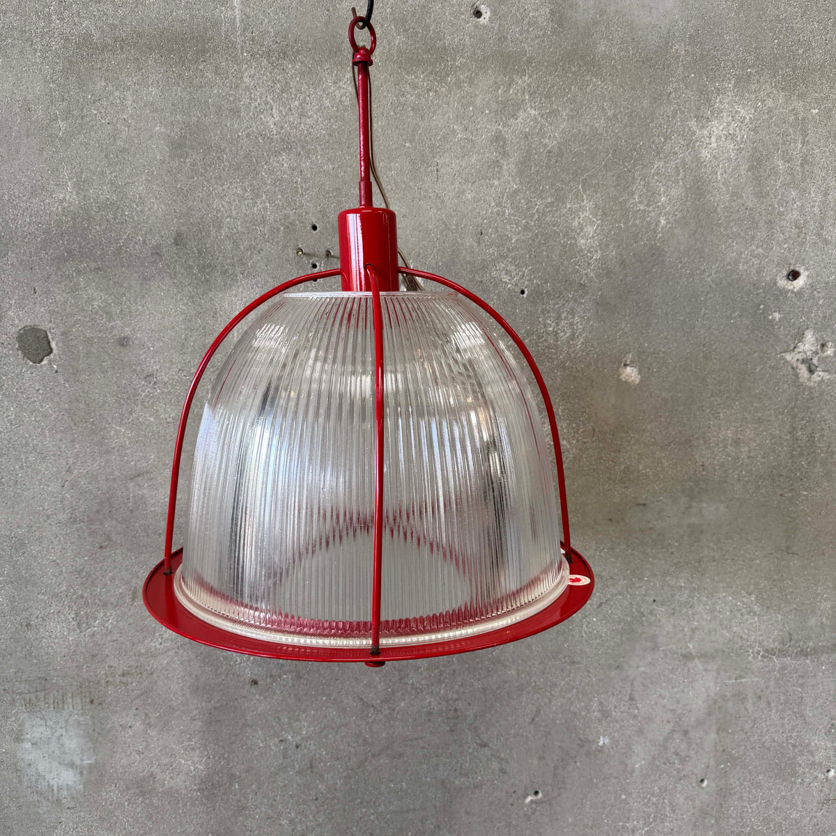 Vintage Ribbed Holophane Pendant Lamp w/ Red Metal Frame #2 - Made in Canada