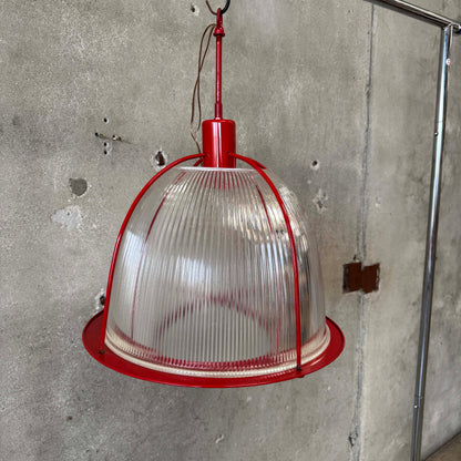 Vintage Ribbed Holophane Pendant Lamp w/ Red Metal Frame #2 - Made in Canada