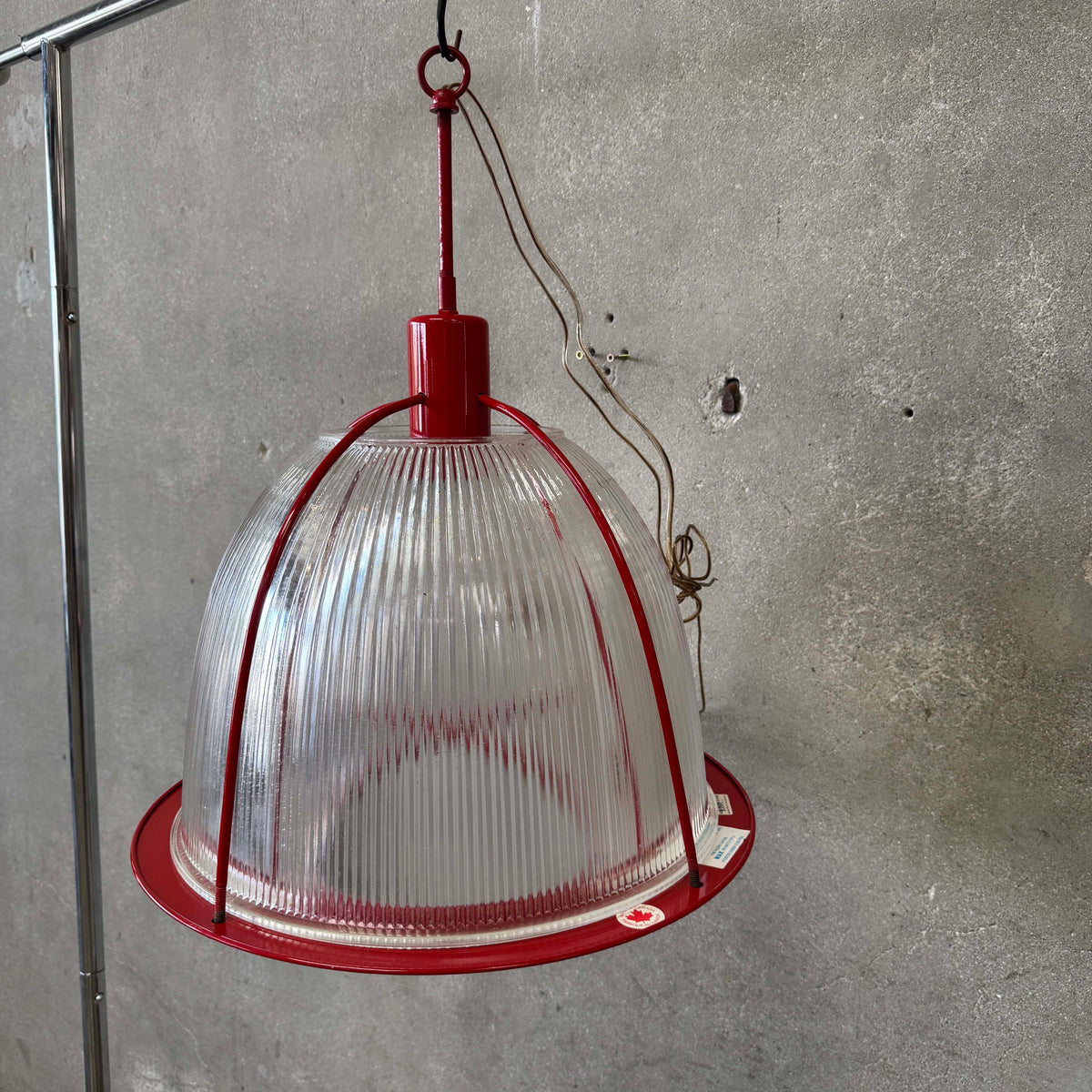 Vintage Ribbed Holophane Pendant Lamp w/ Red Metal Frame #2 - Made in Canada