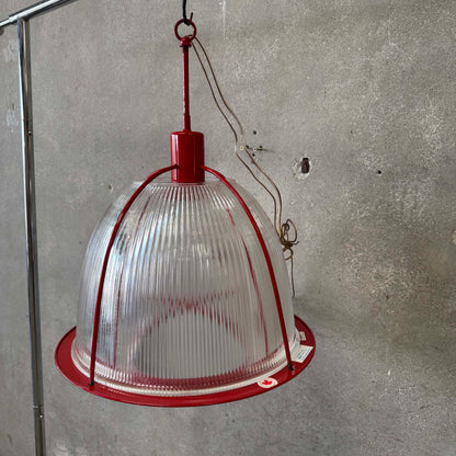 Vintage Ribbed Holophane Pendant Lamp w/ Red Metal Frame #2 - Made in Canada