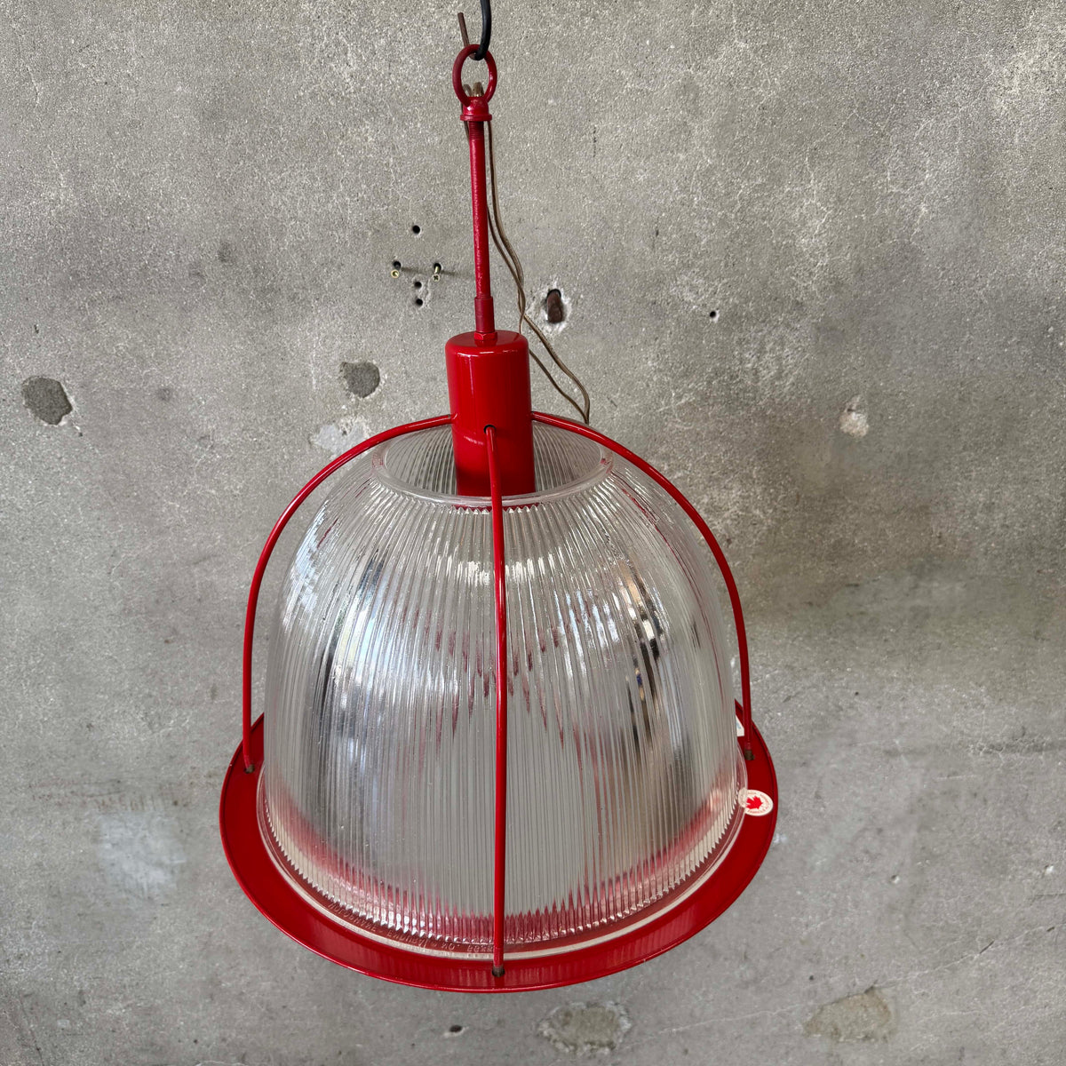 Vintage Ribbed Holophane Pendant Lamp w/ Red Metal Frame #2 - Made in Canada