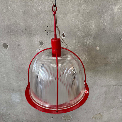 Vintage Ribbed Holophane Pendant Lamp w/ Red Metal Frame #2 - Made in Canada