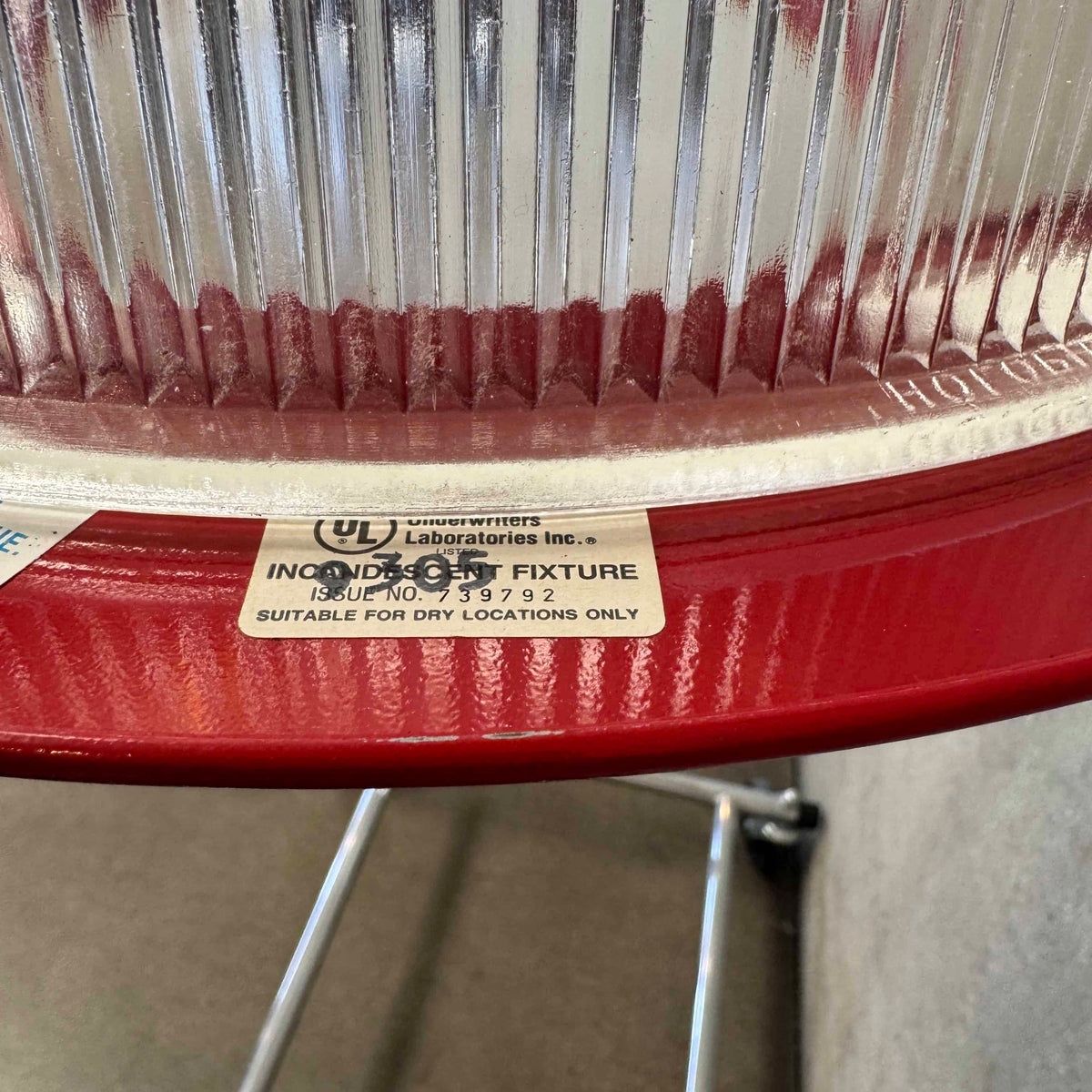 Vintage Ribbed Holophane Pendant Lamp w/ Red Metal Frame #2 - Made in Canada