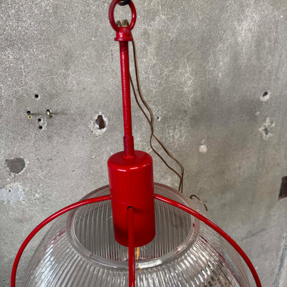 Vintage Ribbed Holophane Pendant Lamp w/ Red Metal Frame #2 - Made in Canada