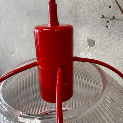 Vintage Ribbed Holophane Pendant Lamp w/ Red Metal Frame #2 - Made in Canada
