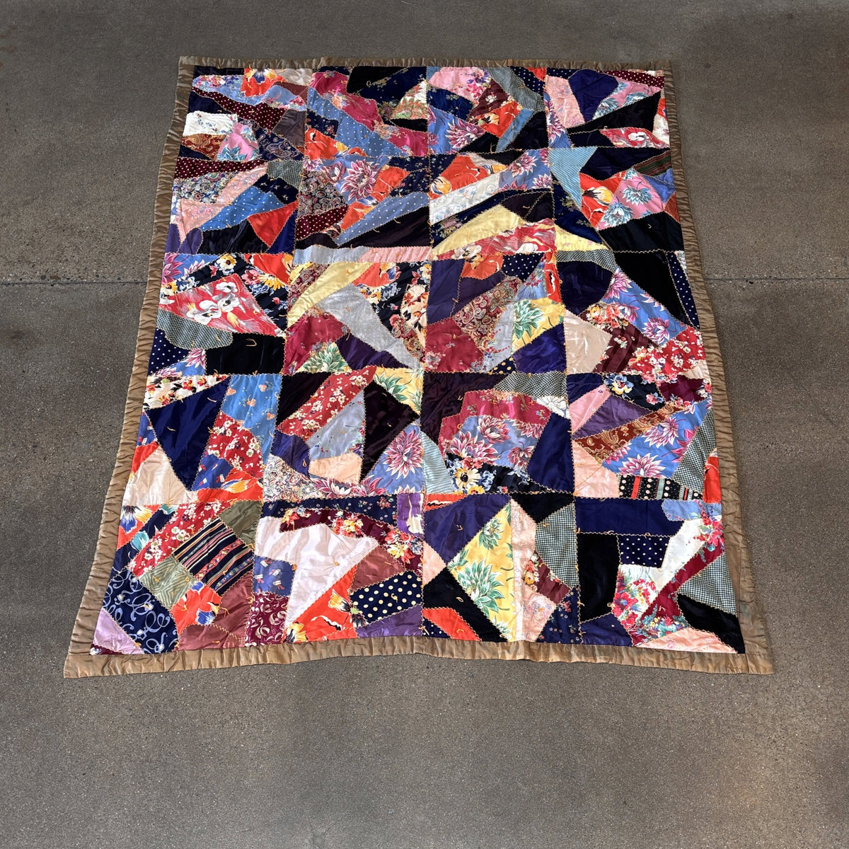 Vintage Handmade "Crazy" Quilt Made From Rayon Dresses